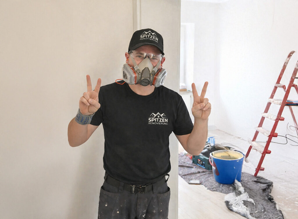 Spitzen Renovierung Team – Handwerker mit Schutzmaske und Spitzen Renovierung Shirt auf Baustelle in Gundelfingen